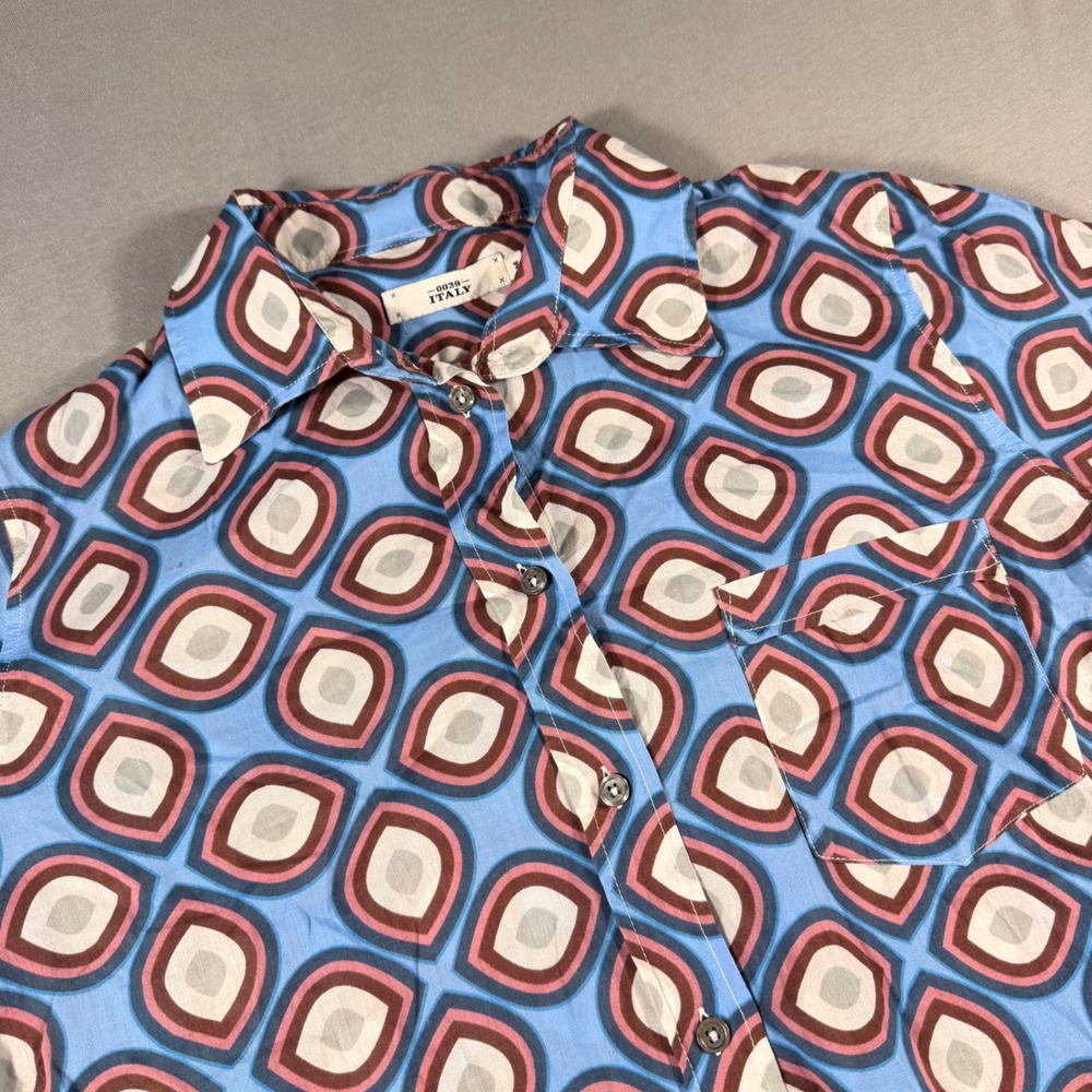 0039 Italy Womens Geometric Mod Print Cotton Button Down Shirt‎ Blue Burgundy M